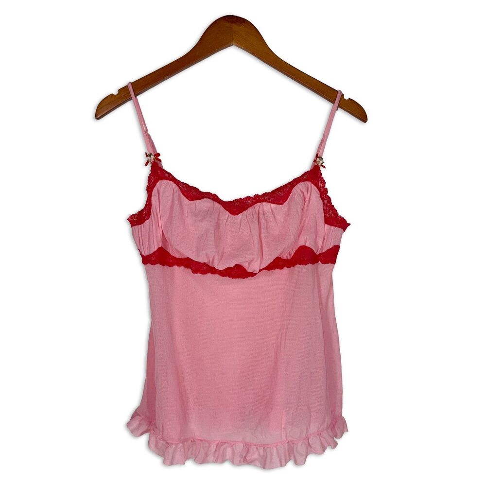 Y2K Victoria’s Secret Angels Y2K Pink Red Lace Ruffle Cami Top Large Babydoll